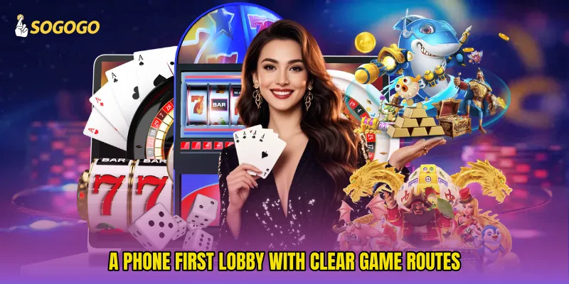 A phone first lobby with clear game routes